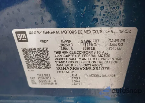 2021 Chevrolet Equinox Fwd Lt z USA, uszkodzony, nr VIN 3GNAXKEVXML391075